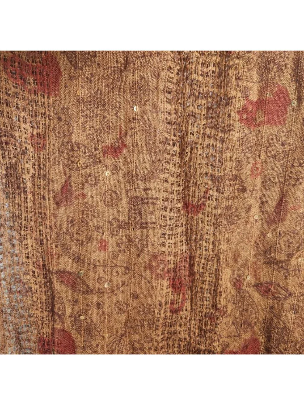 Lightweight Brown Paisley Sequin Scarf With Fringe Detail - Made In India - 100%